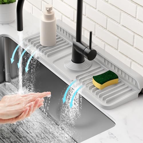 14.6 inch Faucet Mat for Kitchen Sink Splash Guard[7° Slope Fast Self-draining][Snap Lock Fit]Kitchen Sink Faucet Mat Splash Guard Kitchen Sink Area Water Splash Guard Behind Faucet Draining Mat - color: Light Gray, size: 14.6" x 5.5"