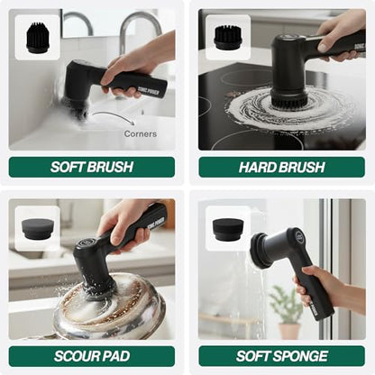 SonicPower Electric Spin Scrubber – Handheld & Ergonomic, IPX7 Waterproof, 4 Multi-Purpose Brush Heads, Long-Lasting Rechargeable Battery – Cleans Dishes, Bathroom, Tile, Grout & Kitchen (Black) | IPX7 Waterproof, 4 Interchangeable Heads, Soft Corner, Sco