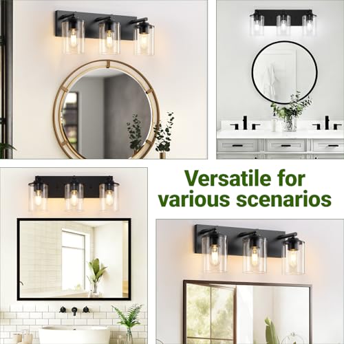 3-Light Bathroom Light Fixtures, Matte Black Bathroom Vanity Lighting Over Mirror with Clear Glass Shades, Modern Vanity Lights for Bath Wall Sconces Lamp for Powder Room, Bedroom, Hallway - size: 3-Light