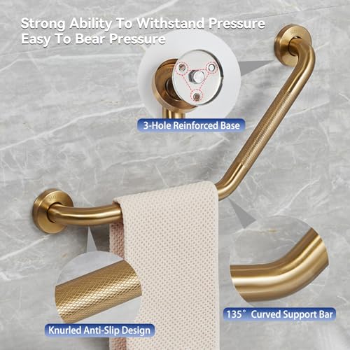20 Inch Bathroom Grab Bar, Angled Grab Bar with Anti-Slip Knurled Grip, Brushed Gold Stainless Steel Bath Balance Bar, Safety Hand Rail Support, Handicap Elderly Senior Assist Bath Handle - color: Brushed Gold