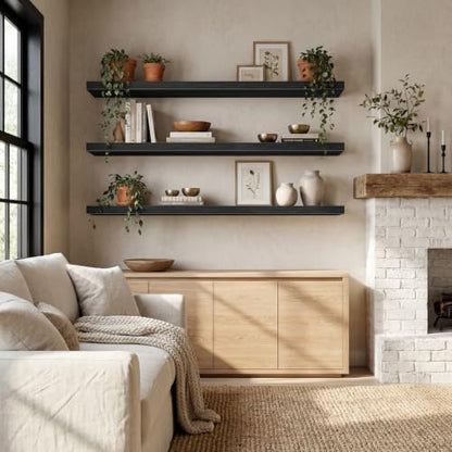 QEEIG 12" Deep Floating Shelves for Wall - 12 x 48 inch Book Shelf Bathroom Bedroom Kitchen Living Room Hanging Bookshelf Farmhouse Set of 3, Black (026-120B3) - color: B. Black, size: 47.2" x 12"