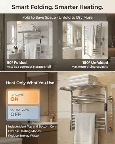 Heated Towel Rack Foldable Smart Dual-Zone APP No-Drill Chrome CA3 - color: Chrome, size: Ultra-13Bar H27.56 x W21.65