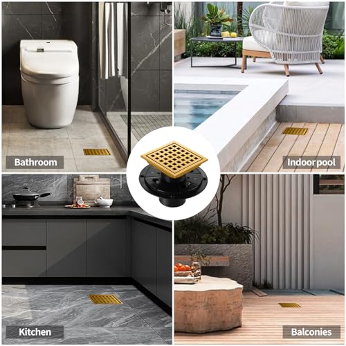 Shower Drain, Brushed Gold 4 inch Shower Floor Square Drain with Flange, Removeable Grid Panel SUS 304 Stainless Steel Square Shower Drain - color: Brushed Gold, size: 4 inch