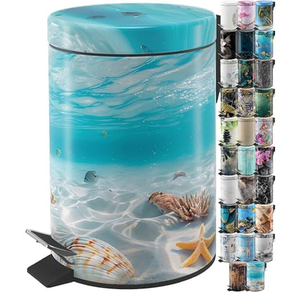 Sanilo Small Bathroom Trash Can with Lid [1.3 Gallon] - Lidded Tiny Trashcan for Garbage - Mini Metal Bin with Soft Closing Mechanism - Bath Room Accessoire Wastebin with Inner Bucket (Waterworld) - color: Waterworld