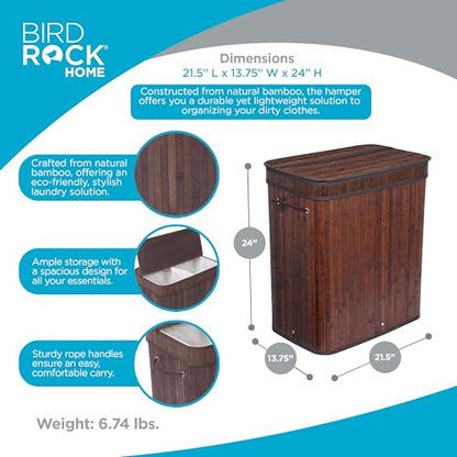BirdRock Home Double Laundry Hamper with Lid and Cloth Liner | Bamboo | Espresso | Easily Transport Laundry Basket | 2 Section Collapsible Hamper | String Handles