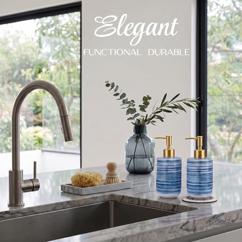 Ceramic Soap Dispenser Set - Compact Refillable Hand & Dish Soap Dispenser for Bathroom & Kitchen, Non-Slip Absorbent Mat & Silicone Funnel, Space-Saving Countertop Design, 11.8 oz