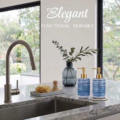 Ceramic Soap Dispenser Set - Compact Refillable Hand & Dish Soap Dispenser for Bathroom & Kitchen, Non-Slip Absorbent Mat & Silicone Funnel, Space-Saving Countertop Design, 11.8 oz