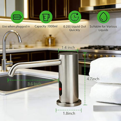 Touchless Automatic Soap Dispenser for Kitchen & Bathroom – Built-in Brushed Nickel Electric Liquid Soap Dispenser with 1000ml Large Capacity, Infrared Sensor, and Premium Brass Core (33.8oz)