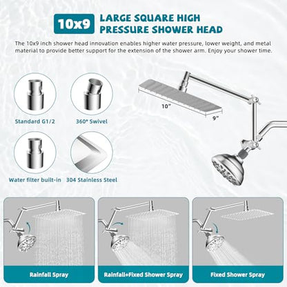 All Metal Shower Head, 10" High Pressure Dual Rainfall/Handheld Shower Head Combo with 16" Adjustable Shower Extension Arm, 7 Spray Modes Fixed Showerhead, 3-Way Diverter Valve, Chrome - color: Chrome, style: Square