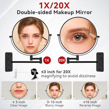 Wall Mounted Magnifying Makeup Mirror, 8 Inch 1X/20X Bathroom Shaving Mirror with Extendable Arm, 360° Swivel Double Sided Wall Mount Mirror for Makeup, Shaving and Grooming, Black