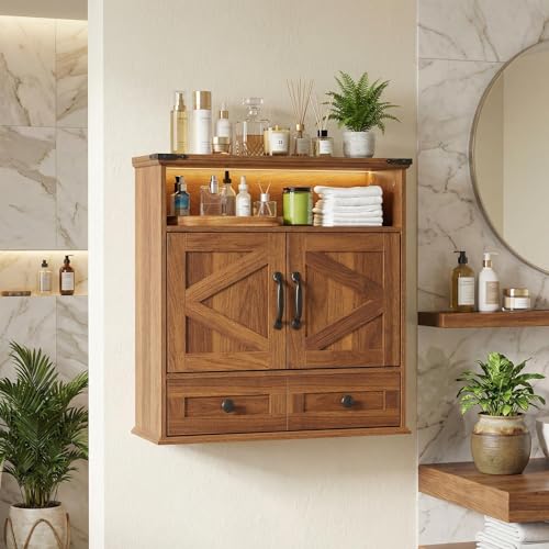 Bathroom Cabinet with Double Barn Doors – Wall Mounted Medicine Cabinet over Toilet with Adjustable Shelf & Drawer, 25" Wide Hangging Storage Cabinet for Bathroom, Kitchen, Laundry, Entryway Brown - color: Brown