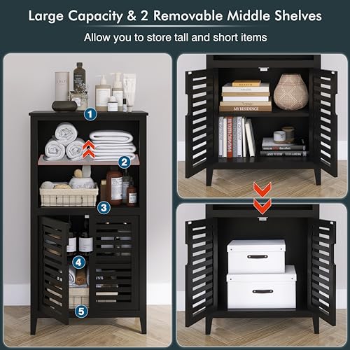 HITNET Black Bathroom Storage Cabinet, Freestanding Bamboo Floor Cabinet 5 Tier Tall Kitchen Cupboard with Door and Removable Shelves - color: Black