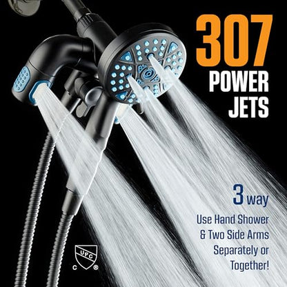AquaCare Polaris 208-mode High Pressure Shower Head Combo with Hydro Arms | Luxury 3-way 14-zone System with 370 Stay-clean Power Jets, Handheld Magnetic Docking & 6 ft. Stainless Steel Hose / Black - color: Matte Black
