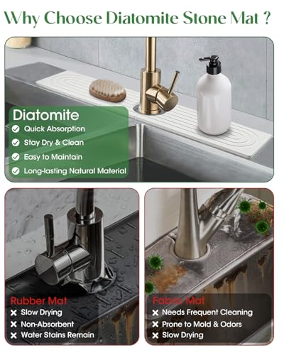 Stone Drying Mat for Kitchen Faucet: Diatomite Stone Drying Tray - Fast Water Absorbent Kitchen Sink Splash Guard for Bathroom Faucet & Counter - Ideal for Moms & Housewife (White, 23.6" x 3.94")