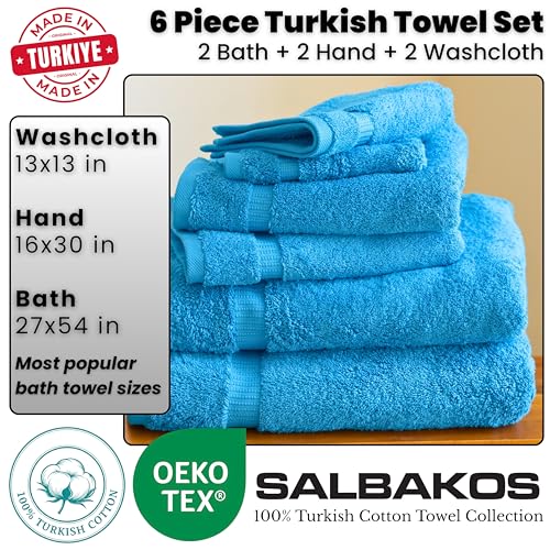 SALBAKOS 100% Turkish Cotton Bathroom Towel Set of 6-Piece, Aqua | 630 Gsm Thick Super Soft Highly Absorbent 2 Bath + 2 Hand + 2 Washcloth Towels Sets, Giftable, Hotel Quality, Made in Turkey - color: Aqua, size: 6 Piece Towel Set