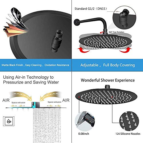 NearMoon Rain Shower Head with 11'' Adjustable Arm, High Pressure Stainless Steel Rainfall Shower, Ultra-Thin Design - Pressure Boosting (10 Inch, Matte Black) - color: Matte Black, size: 10 Inch