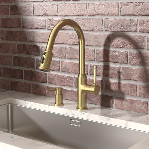 Lava Odoro Curtura Gold Kitchen Faucet with Pull Down Sprayer, Single Handle Kitchen Sink Faucet with Magnetic Docking Spray 3-Function, Brass Faucet for Kitchen Sink 1 Hole and 3 Hole, KF421-SG-M - color: Brushed Gold, style: 3-Mode, Magnetic