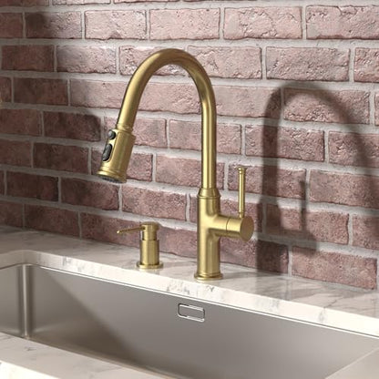 Lava Odoro Curtura Gold Kitchen Faucet with Pull Down Sprayer, Single Handle Kitchen Sink Faucet with Magnetic Docking Spray 3-Function, Brass Faucet for Kitchen Sink 1 Hole and 3 Hole, KF421-SG-M - color: Brushed Gold, style: 3-Mode, Magnetic