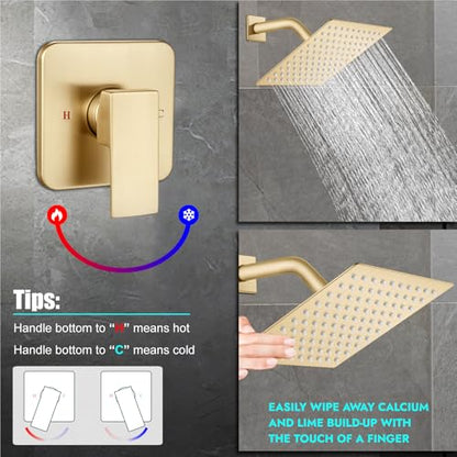 Heyalan 8 Inch Square Rain Shower Faucet Set with Valve, Brushed Gold | Female-thread 1/2-inch NPT connections, SUS304 shower head, brass rough-in valve, single-handle control Shower Set - color: Gold, size: 8 Inch Square Shower Head