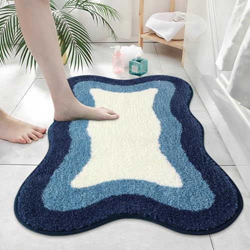 HAOCOO Blue Bathroom Rug, 20x31 inch, Extra Soft Non Slip Microfiber Absorbent Washable Shower Rug Doormat Carpet for Floor Tub Shower - color: Blue, size: 20x31 inch (Irregular)