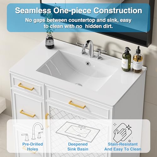 30" Bathroom Vanity with Sink, Solid Wood Frame Modern with Charging Station, Bathroom Single Sink Cabinet with 2 Drawers and 1 Doors, Gold Metal Handles, White - color: White, size: 30 inch