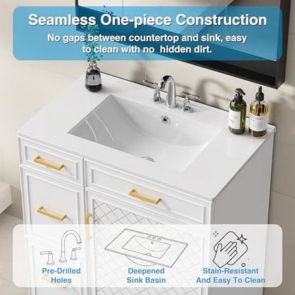 30" Bathroom Vanity with Sink, Solid Wood Frame Modern with Charging Station, Bathroom Single Sink Cabinet with 2 Drawers and 1 Doors, Gold Metal Handles, White - color: White, size: 30 inch