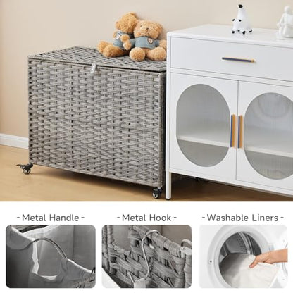 Laundry Hamper with Wheels, 60.72 Gallon(230L) Rolling Laundry Basket with Lid, Removable Large 3 Color Liners & 3 Mesh Laundry Bags, Clothes Hamper with Side Pocket, Grey - color: Grey, size: 35.43"L x 15.75"W x 25.6"H