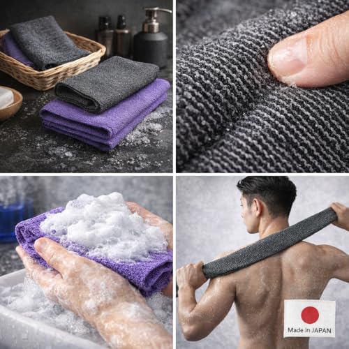 Extra Rough, Exfoliating Washcloth [Made in Japan] Exfoliating Towel Special texture makes Fluffy Foam lather, Back Scrubber, Dead Skin Cell Remover [Loofah for Women and Men] (Black) - color: Black