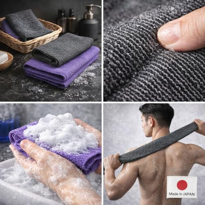 Extra Rough, Exfoliating Washcloth [Made in Japan] Exfoliating Towel Special texture makes Fluffy Foam lather, Back Scrubber, Dead Skin Cell Remover [Loofah for Women and Men] (Black) - color: Black