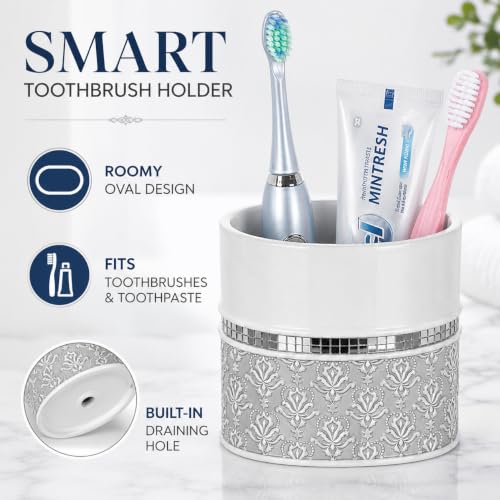 Creative Scents Mirror Damask 4 Piece Resin Bathroom Accessories Set | Includes Soap Dispenser, Toothbrush Holder, Tumbler Cup & Soap Dish - color: 4 Piece Set