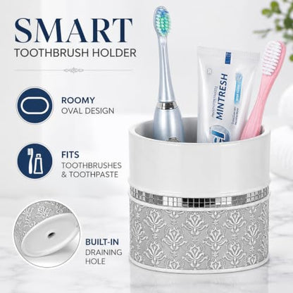 Creative Scents Mirror Damask 4 Piece Resin Bathroom Accessories Set | Includes Soap Dispenser, Toothbrush Holder, Tumbler Cup & Soap Dish - color: 4 Piece Set
