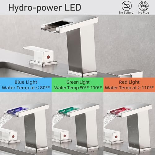 LED Bathroom Faucet 3 Hole, Brushed Nickel Waterfall Bathroom Faucets, 8 Inch Widespread Modern Bathroom Sink Faucet & Parts, Wide Spread Touch On Three Hole 2 Handle Bathroom Vanity Faucet - color: Brushed Nickel