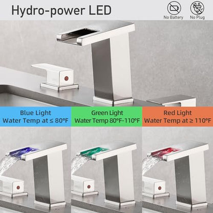 LED Bathroom Faucet 3 Hole, Brushed Nickel Waterfall Bathroom Faucets, 8 Inch Widespread Modern Bathroom Sink Faucet & Parts, Wide Spread Touch On Three Hole 2 Handle Bathroom Vanity Faucet - color: Brushed Nickel
