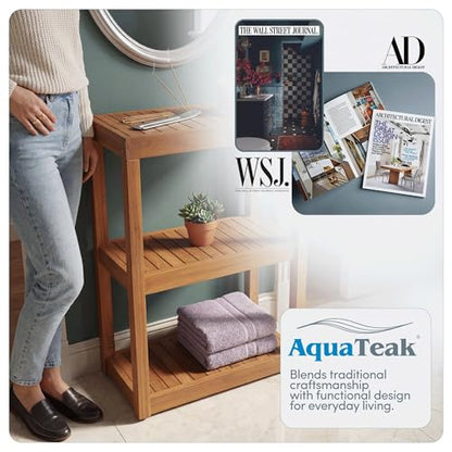 AquaTeak 12" Original Sula Rectangle Teak Bathroom Stand - Shower Stand with 3 Tier Shelf - Durable Water Resistant Shower Organizer - Space-Saving Storage Shelves with Anti-Slip Feet