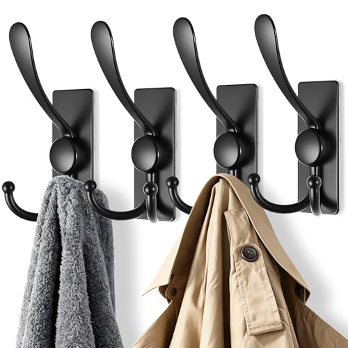 Self Adhesive Towel Hooks, Matte Black Metal Hooks,Waterproof Stainless Steel Hanger Coat Hooks for Hanging Coat,Towels, Bath Robe in Bathroom Kitchen Home - size: 4 Pack-Rectangular Three-Hook