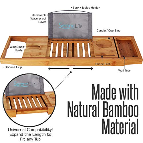 Adjustable Bamboo Bathtub Caddy Tray - Natural Wood Luxury Bath Tub Organizer w/Wine Holder, Soap Dish, Cup Slot, Book Tablet Holder, and Phone Slot for Spa, Bathroom, Shower - SereneLife