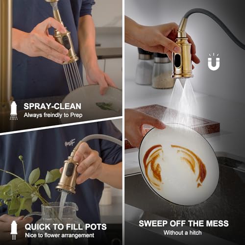 Lava Odoro Magnetic Bronze Gold Kitchen Faucet with Pull Down Sprayer | Gold Kitchen Sink Faucet with Magnetic Docking, 3-Function Sprayhead 1 Hole, Deck Plate Included, KF421-BB-M - color: Brushed Bronze, style: 3-Mode, Magnetic
