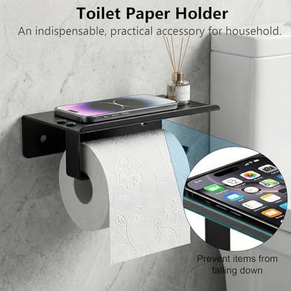 Tudoccy 5-Pieces Matte Black Bathroom Accessories Set, Bathroom Hardware Set SUS304 Stainless Steel Rustproof Wall Mounted - Includes 16" Hand Towel Bar, Toilet Paper Holder with Shelf, Towel Hooks | Rustproof Wall-mounted Hand Towel Bar, Roilet Paper Hol