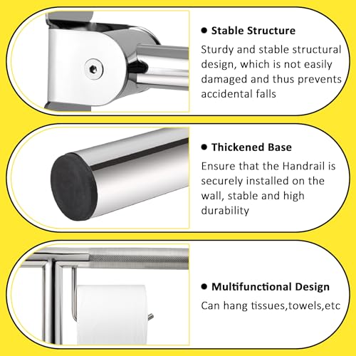 Handicap Grab Bar,23.6 Inch Stainless Steel 1.25" Diameter Toilet Safety Rails for Bathroom with Paper Holder, Anti-Slip Flip-Up Support Rail for Seniors Elderly - size: 23.6 Inch