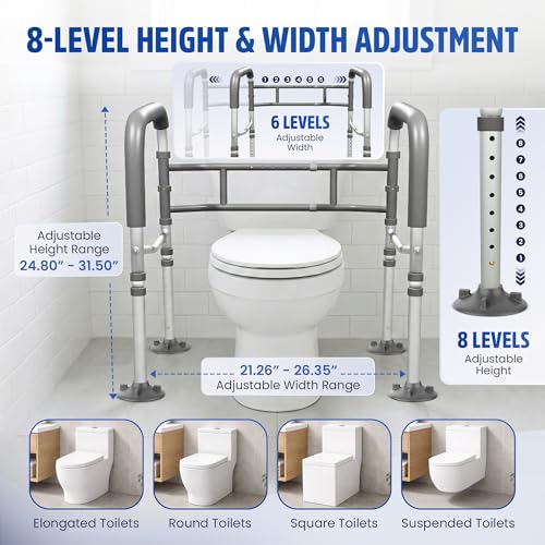 Toilet Safety Rails for Seniors 350lb, Adjustable Height & Width Toilet Bars for Elderly | Foldable Non-Slip Toilet Safety Frame, 4 Suction Cups & 4 Tips, Reinforced 2 C-Clamp – Fits Most Toilets
