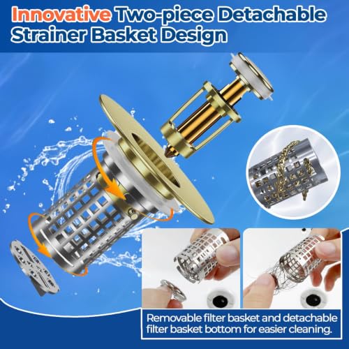 Bathroom Sink Drain Strainer(2PCS), Stainless Steel Pop-up Strainer Basket Hair Catcher with Removable Basket, Brass Bullet Core, Universal Fit 1.1-2.36 Inch Brushed Gold