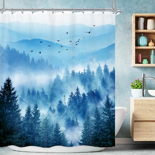 Mountain Blue Foggy Nature Scenery Smokey Bathroom Shower Curtain Set | 60"W x 72"L shower curtain， Pine Tree: HD waterproof print, quick-dry cloth, free hooks for easy installation. - color: A-02blue, size: 60"W x 72"L (Pack of 1)