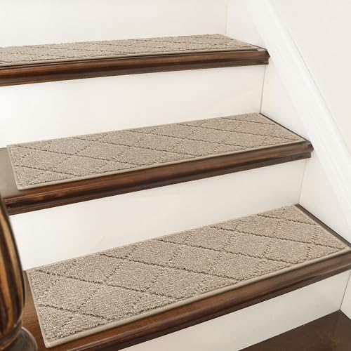 COSY HOMEER Edging Stair Treads Non-Slip Carpet Mat 28inX9in,4pc,Beige | Indoor Stair Runner for Wooden Steps,Washable Adhesive Stairs Rugs for Kid,Elder,Dog,Polyester Carpet Stair Treads,TPE Back - color: Beige, size: 28 X 9 Inches (4 Pieces)