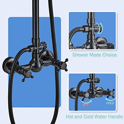 Rain Shower System Oil Rubbed Bronze Outdoor Shower Faucet Set with 8 Inch Rainfall Shower Head Handheld Spray 2 Cross Handles Wall Mounted Bathroom Shower Fixtures Solid Brass - color: Oil Rubbed Bronze, style: Two Modes