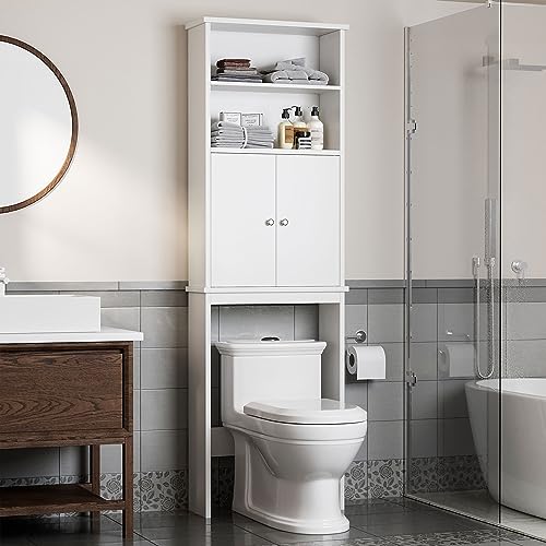 Shintenchi Over the Toilet Storage Cabinet, Bathroom Above the Toilet Rack, Bathroom Adjustable Shelf Organizer with Open Bottom Bar and Anti-Tip Device, White - color: White, size: 2 Open Shelves