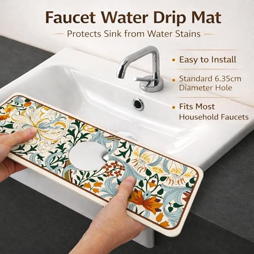 14.96"×5.43" Diatomite Sink Faucet Absorbing Mat, Reusable Drying Mat Splash Guard for Kitchen Bathroom Counter, Sink Drip Catcher & Organizer - style: Flower-1