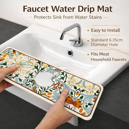 14.96"×5.43" Diatomite Sink Faucet Absorbing Mat, Reusable Drying Mat Splash Guard for Kitchen Bathroom Counter, Sink Drip Catcher & Organizer - style: Flower-2