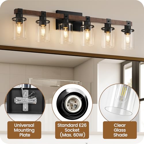 6-Light Bathroom Light Fixture, Vanity Lights for Bathroom with Glass Shade, Rustic Bathroom Light Fixtures, E26 Base F12BD05 - size: 6-Light