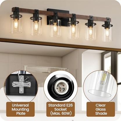 6-Light Bathroom Light Fixture, Vanity Lights for Bathroom with Glass Shade, Rustic Bathroom Light Fixtures, E26 Base F12BD05 - size: 6-Light