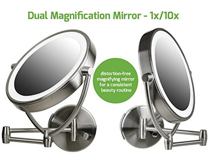 Ovente 9.5" Lighted Wall Mount Makeup Mirror, 1X & 10X Magnifier, Spinning Double Sided Round LED Dimmer Switch, Extend, Retractable & Folding Arm, Battery USB Powered Nickel Brushed MLW45BR1X10X - color: Nickel Brushed, size: 13.4"L x 3.4"W, style: 10X M